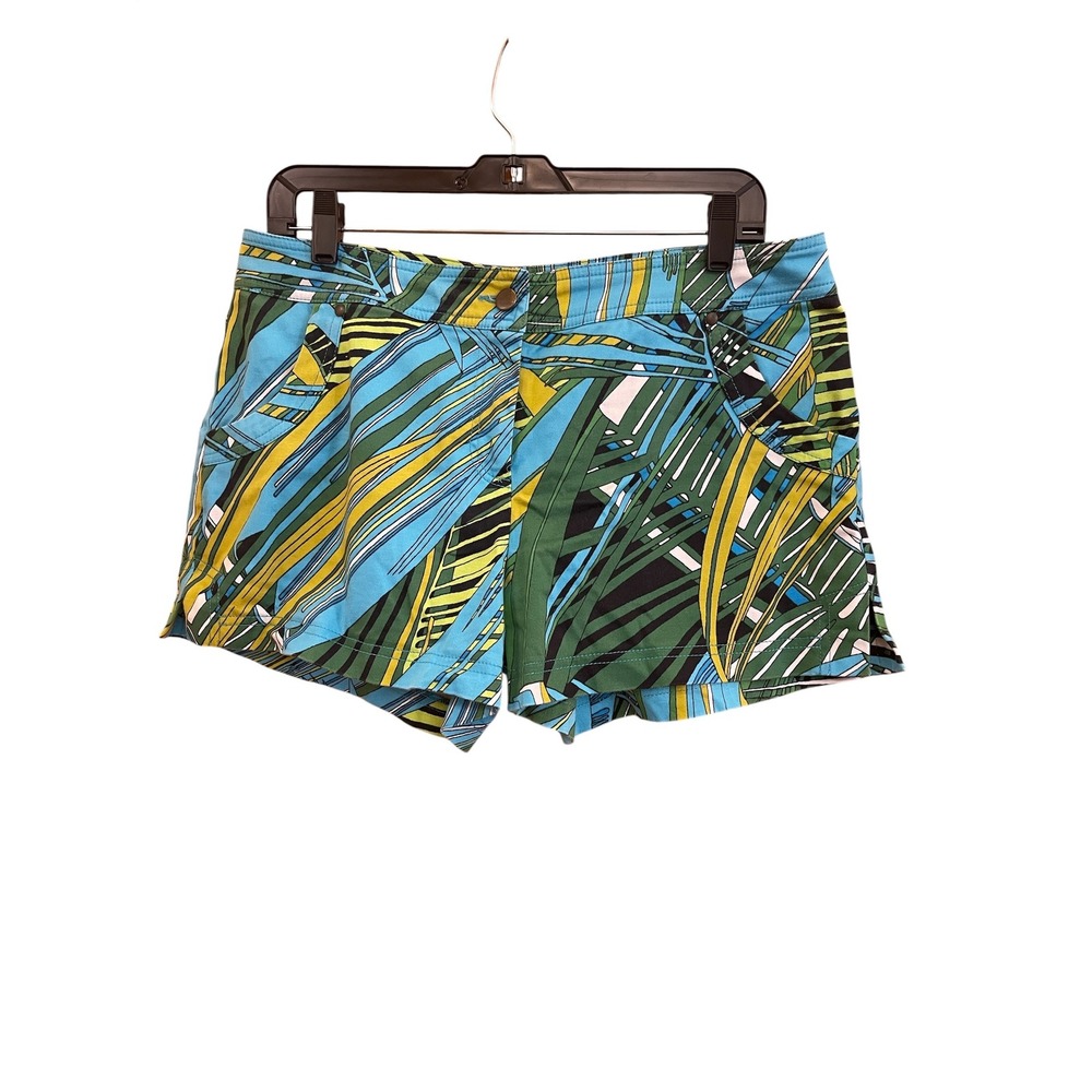 Cache Tropical Palm Leaf Print Shorts Blue Green‎ Yellow Cotton Stretch Size 10